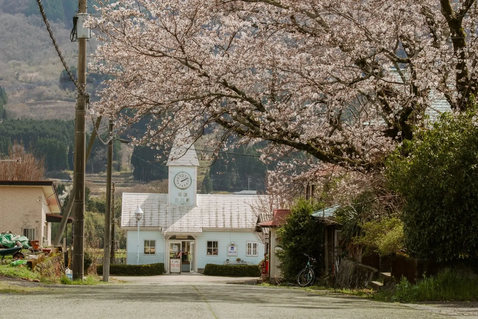 Stazione ferroviaria dei ciliegi in fiore in Giappone poster con telaio in legno da Marcel Bisig