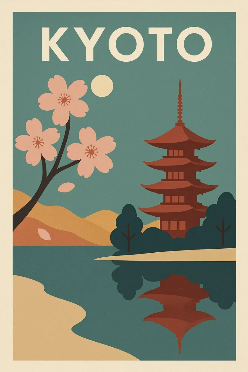 KYOTO - Poster d'epoca con fiori di ciliegio e pagode poster con telaio in legno da JETLAG | affiches voyage