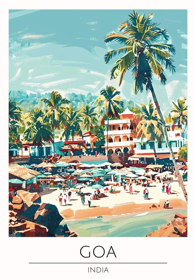 Goa India Reisposter Strand Palm Bomen Kunstdruk canvas met Baklijst van homdeco