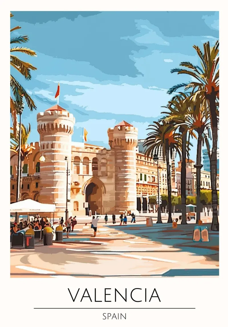 Valencia Spanje Reisposter Torres de Serranos Kunst canvas met Baklijst van homdeco