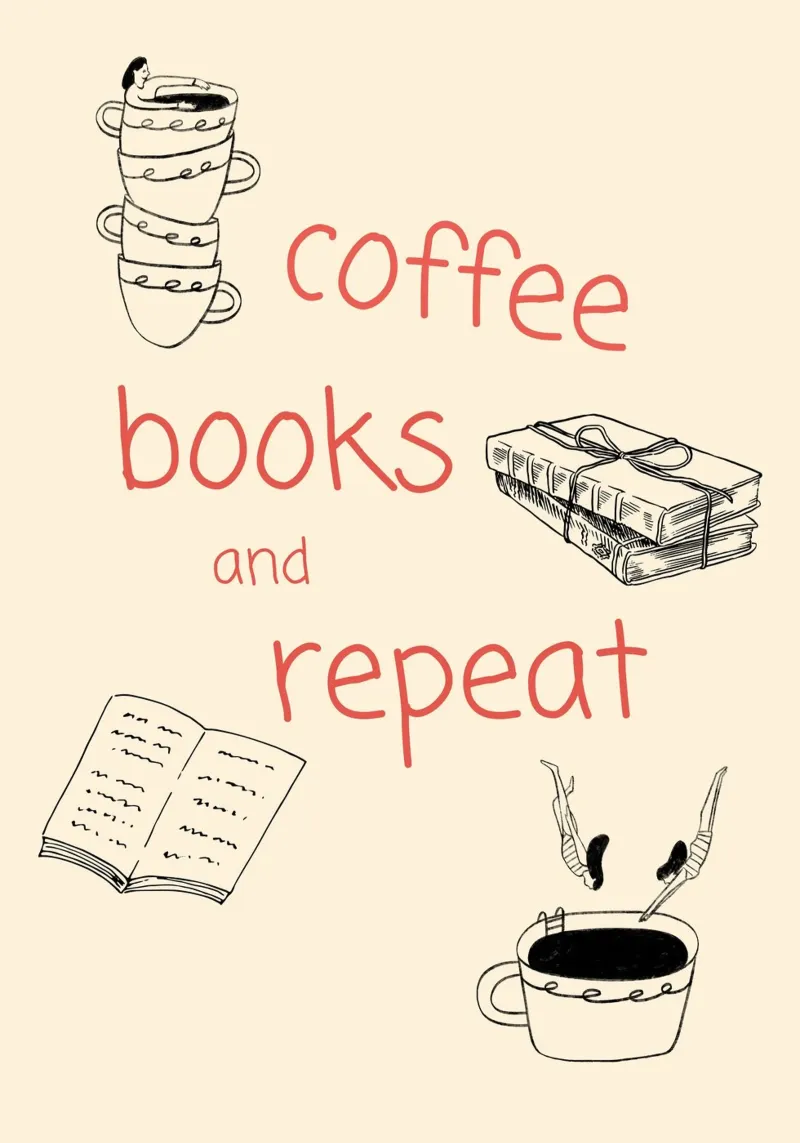 "Coffee Books and Repeat" - Accogliente poster disegnato a mano per un libro poster con telaio in legno da vintagepod