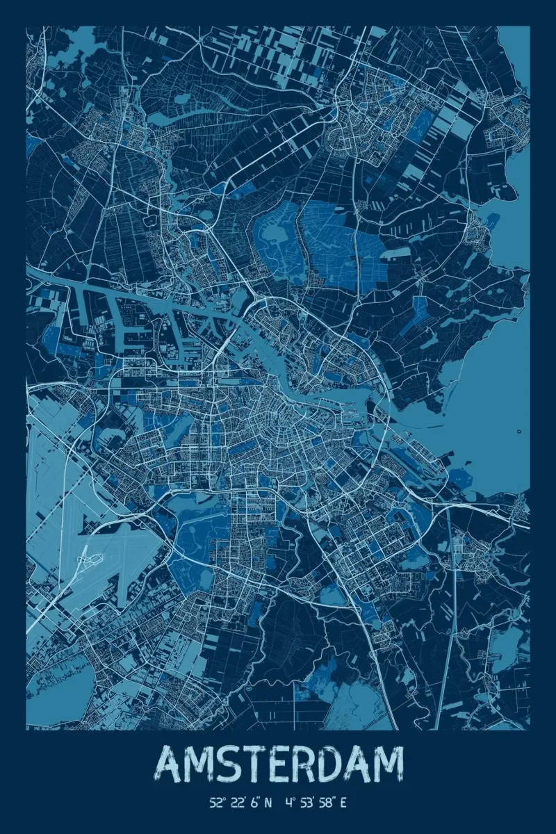 Amsterdam kunstdruk - Geometrische stadsplattegrond canvas met Baklijst van CityMapPoster