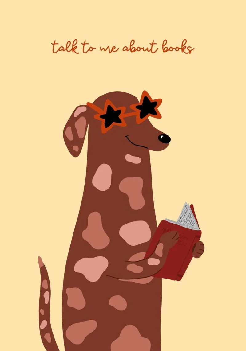"Talk to Me About Books" - Quirky Dog Art Print canvas with Floater frame by vintagepod