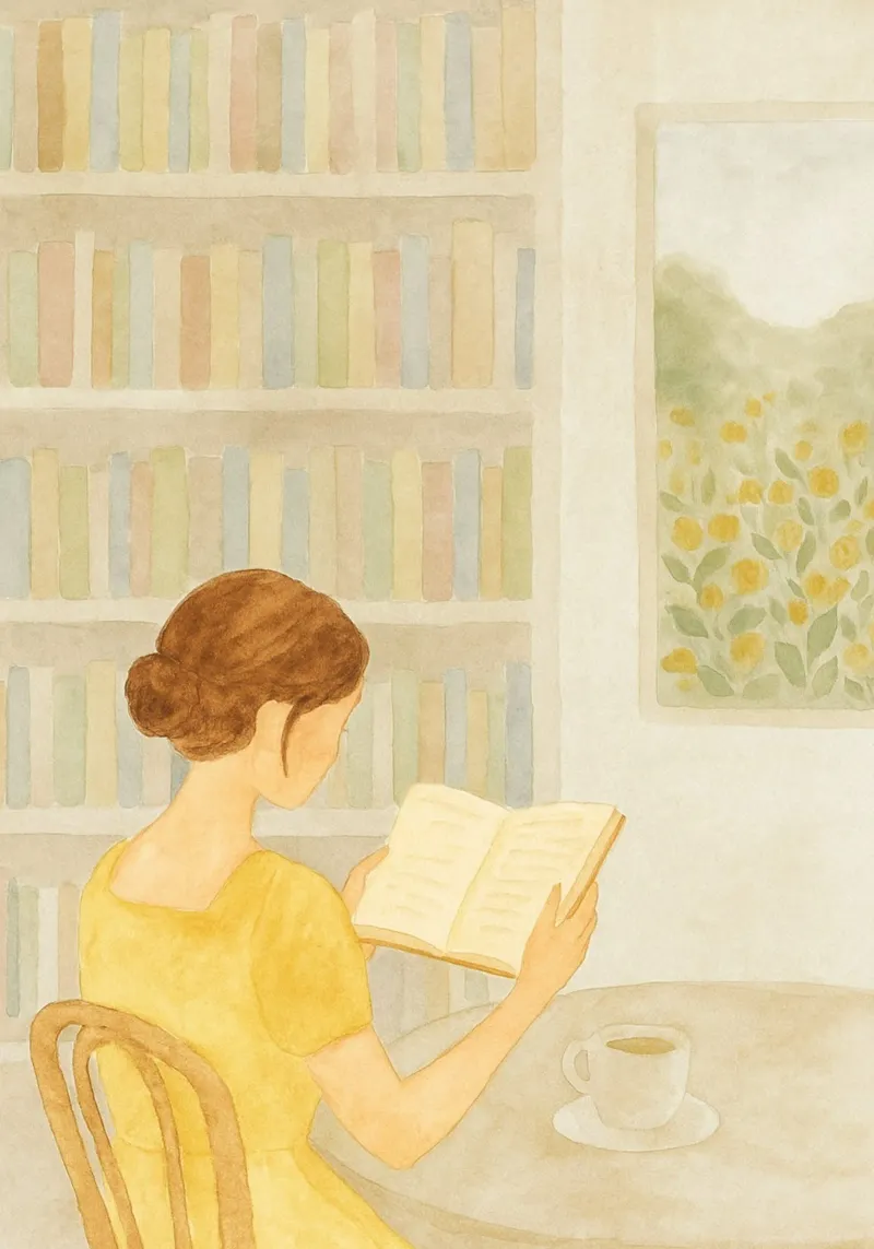Momento di lettura tranquilla - Accogliente acquerello da biblioteca tela con Cornice a cassetta da vintagepod