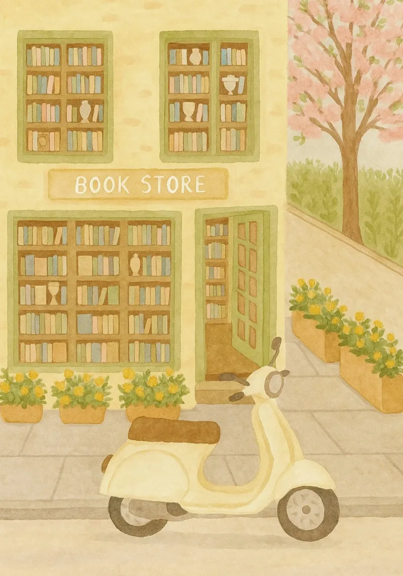 Libreria di charme con scooter - Accogliente acquerello d'arte poster da vintagepod