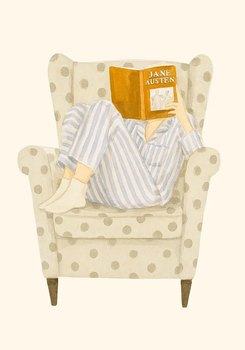 Gemütliche Jane Austen Lesung - Aquarell Kunstdruck Leinwand mit Schattenfugenrahmen von vintagepod