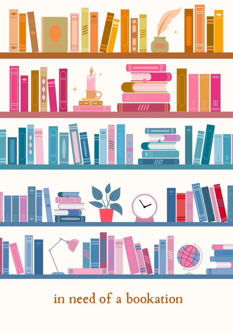 "In Need of a Bookation" - Stampa d'arte colorata su libreria poster da vintagepod