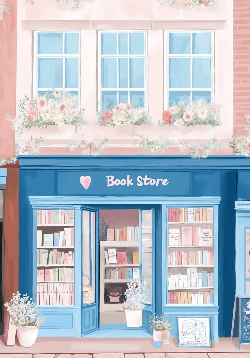 Pastel Bookstore with Flower Boxes - Charming Art Print canvas with Floater frame by vintagepod