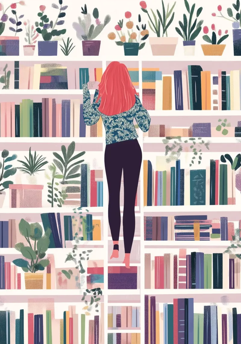 Ragazza su uno scaffale - Stampa d'arte colorata della biblioteca poster con telaio in legno da vintagepod