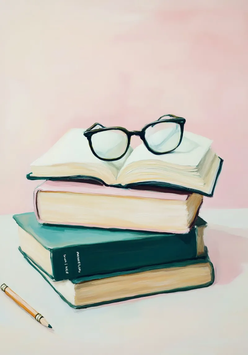 Stack of Books with Glasses - Modern Still Life Painting canvas with Floater frame by vintagepod
