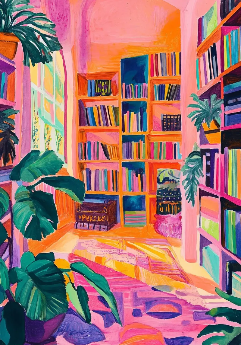 Vibrant Library with Plants - Colorful Folk Art Print poster by vintagepod