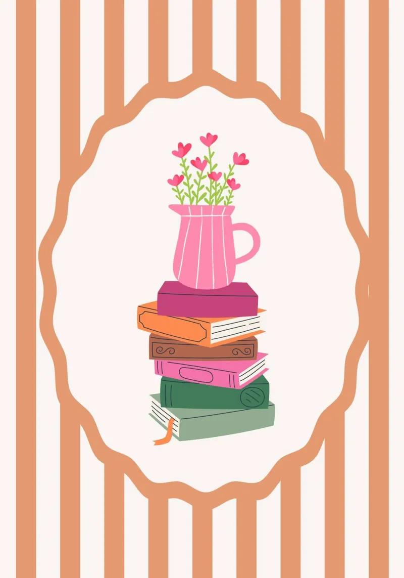 Stack of Books with Flowers - Cozy Pink Art Print canvas with Floater frame by vintagepod
