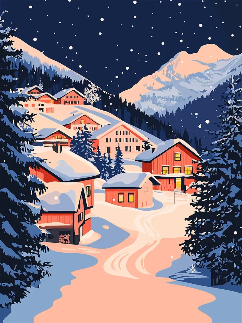 neve inverno case montagne notte poster con telaio in legno da Karin M Fried