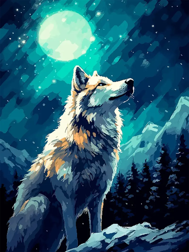 lupo luna notte stelle foresta poster con telaio in legno da Karin M Fried