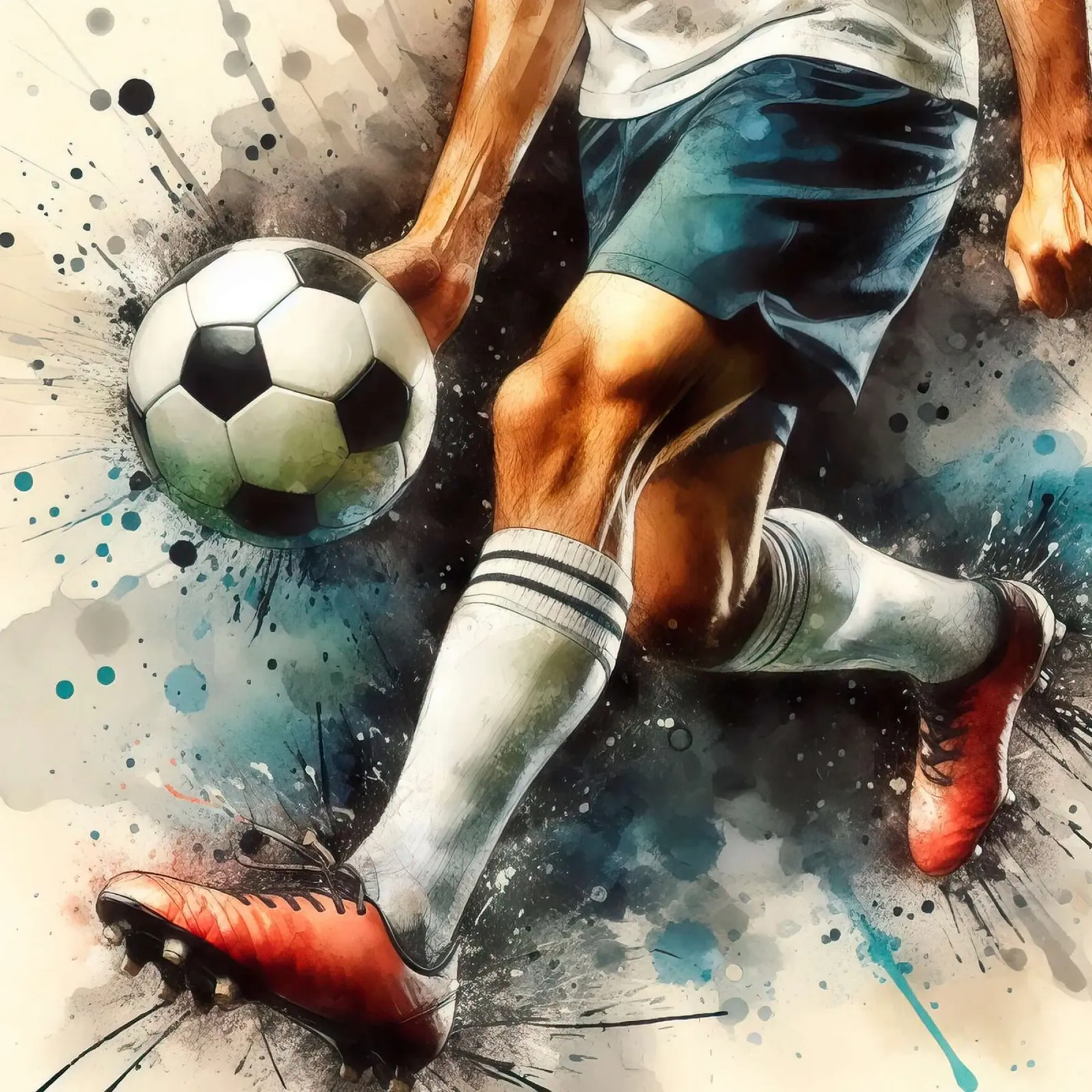 Giocatore di calcio con schizzi di colore poster con telaio in legno da Norman Click