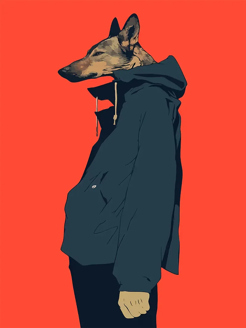 felpa con cappuccio lupo corpo umano testa animale poster con telaio in legno da Lukas Hoffmann