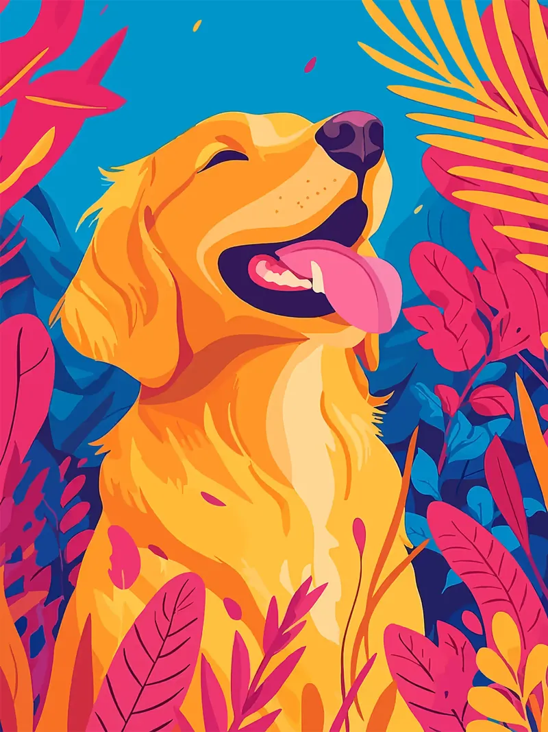 cane lascia lingua sorridente fogliame poster con telaio in legno da Lukas Hoffmann