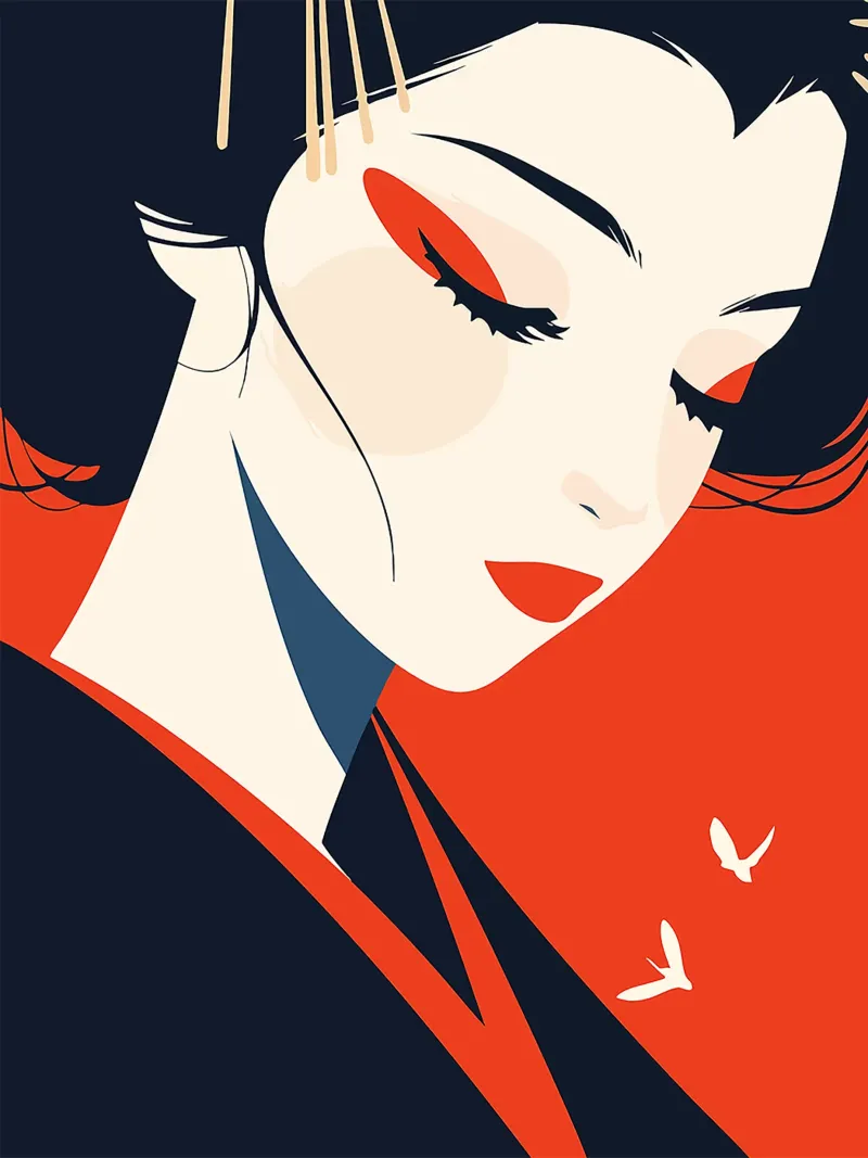 donna geisha viso labbra rosse capelli neri forcine poster con telaio in legno da Lukas Hoffmann