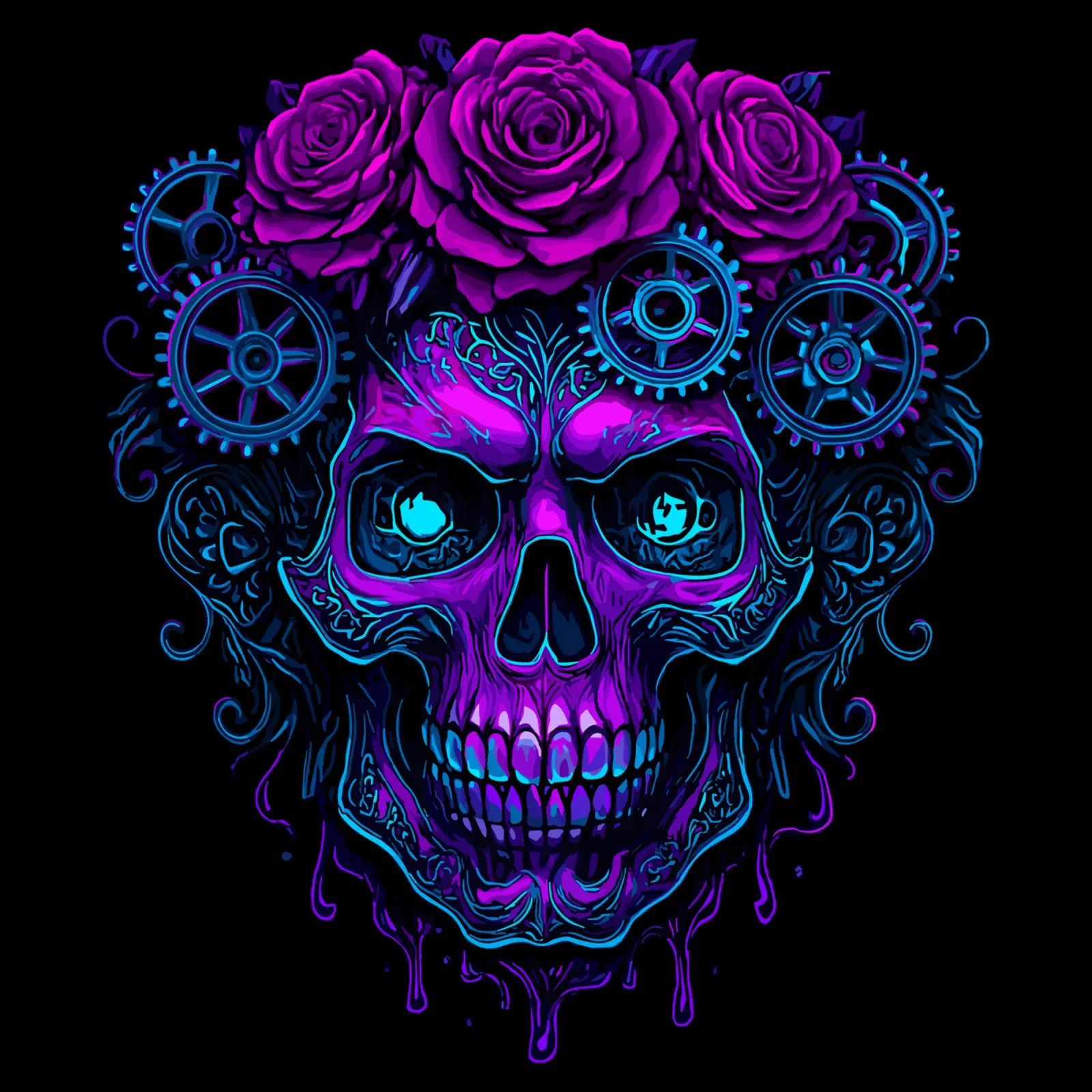 Teschio cibernetico al neon con ingranaggi rosa poster con telaio in legno da LM2KONE