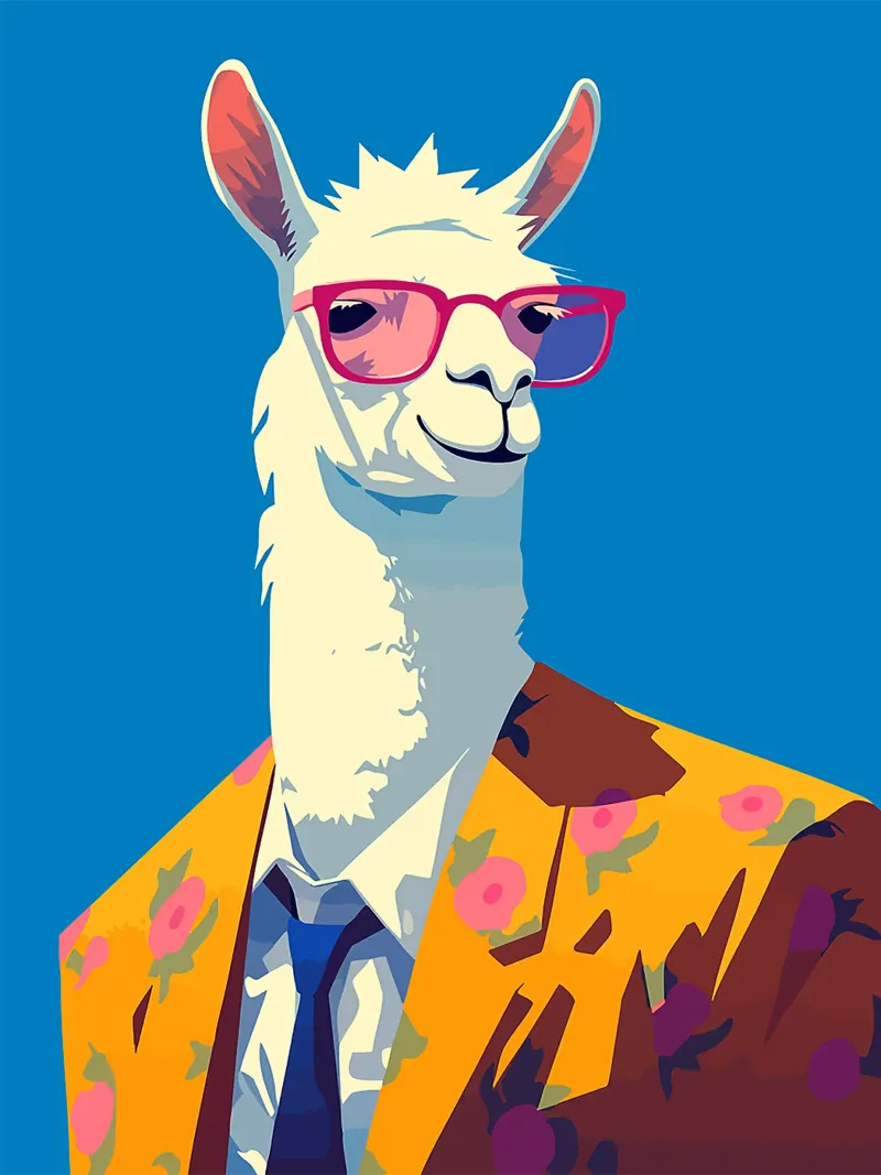 lama occhiali da sole blazer abito cravatta fiori poster con telaio in plastica da Lukas Hoffmann
