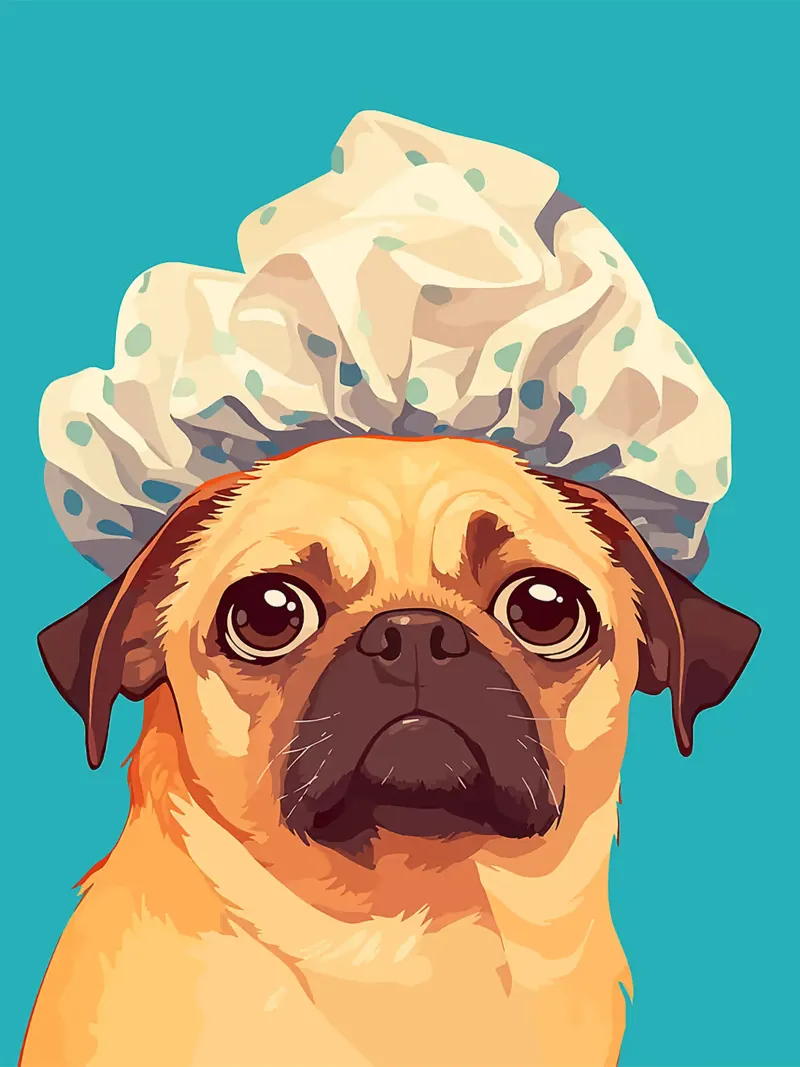 Cuffia doccia cane carlino sfondo blu poster con telaio in legno da Lukas Hoffmann