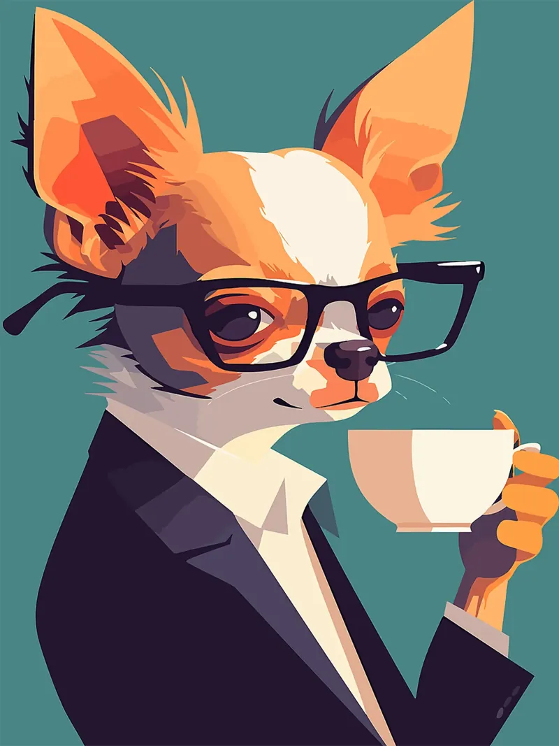 chihuahua cane occhiali vestito tazza di caffè carino poster con telaio in legno da Lukas Hoffmann