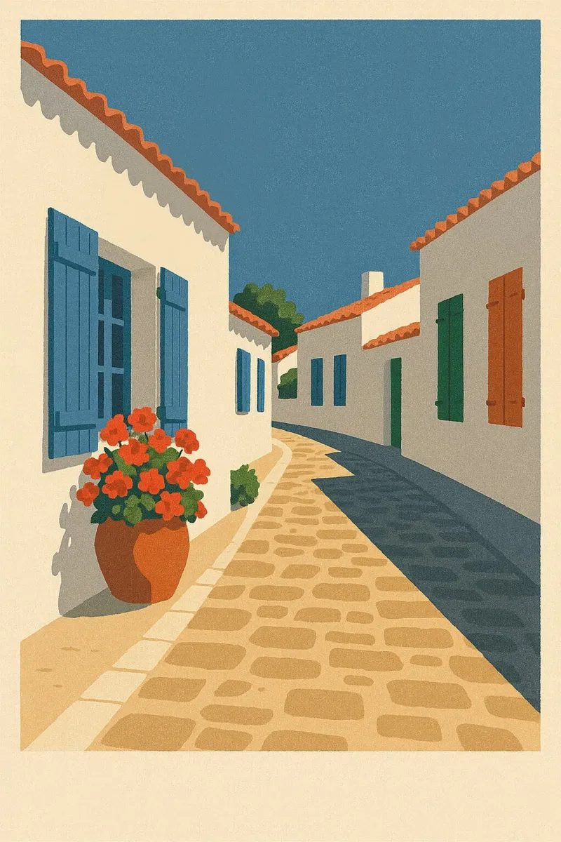 Strada soleggiata a Saint-Sauveur - Île d'Yeu poster con telaio in legno da JETLAG | affiches voyage