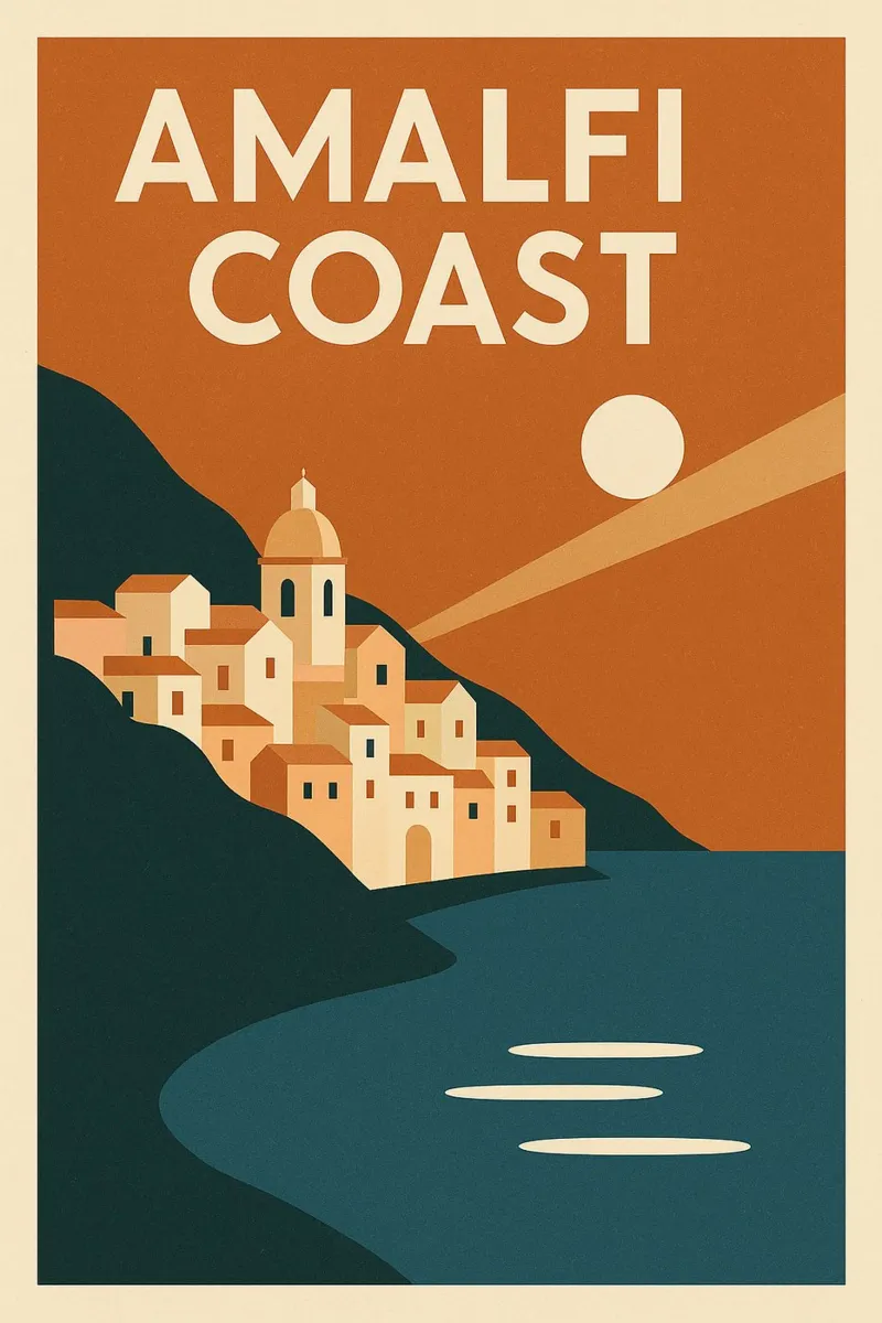 AMALFI COAST - Poster d'epoca di un villaggio costiero poster con telaio in alluminio da JETLAG | affiches voyage