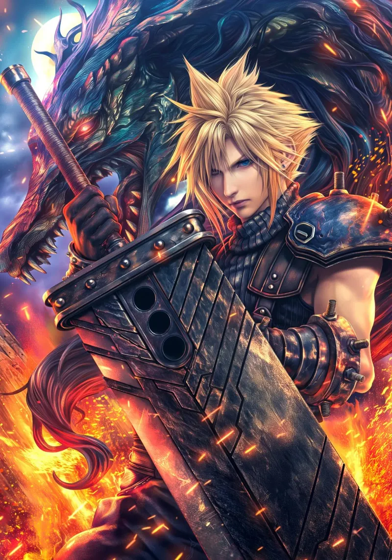 FF7 Cloud Strife Final Fantasy Poster mit Holzrahmen von Stellar Creative