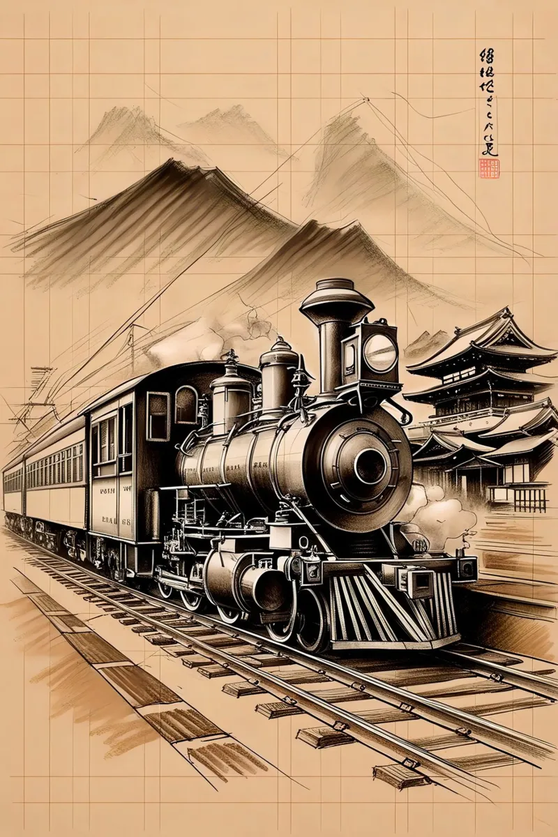Train Old Style Pencil Sketch poster con telaio in legno da Jeff Studio