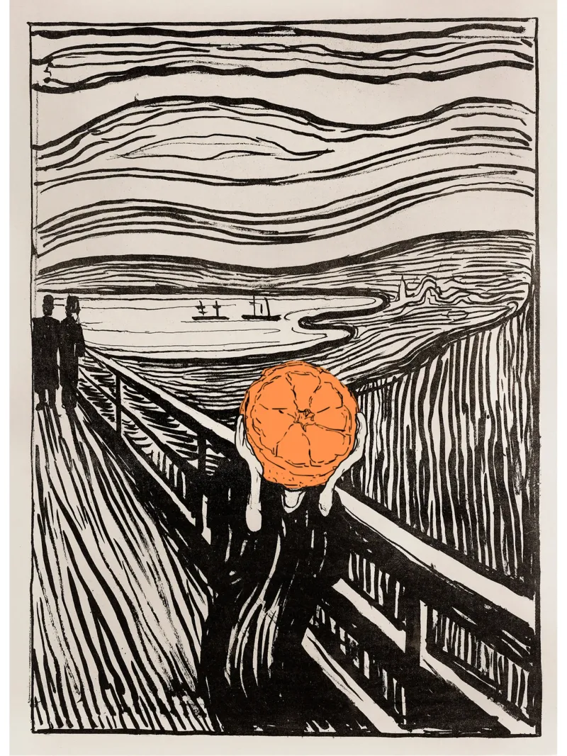 Orange Scream - The Man with Half an Orange for a Head poster con telaio in alluminio da Melty Shirts