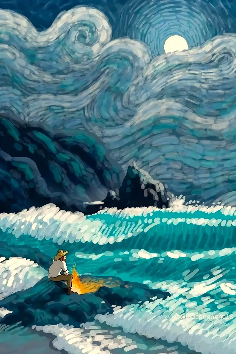 vagues lune ciel étoilé toile avec Caisse américaine de mip of map