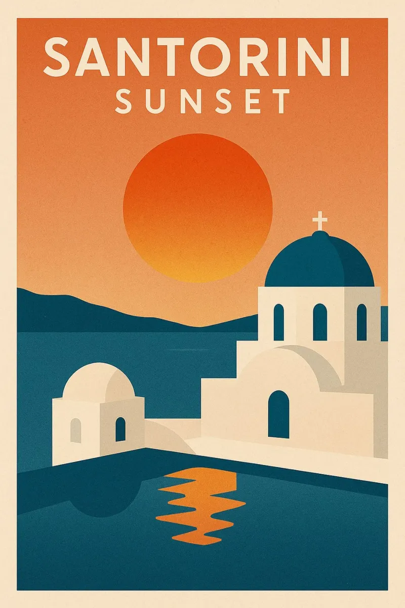 Tramonto a Santorini - Cupole blu e Mar Egeo poster con telaio in alluminio da JETLAG | affiches voyage