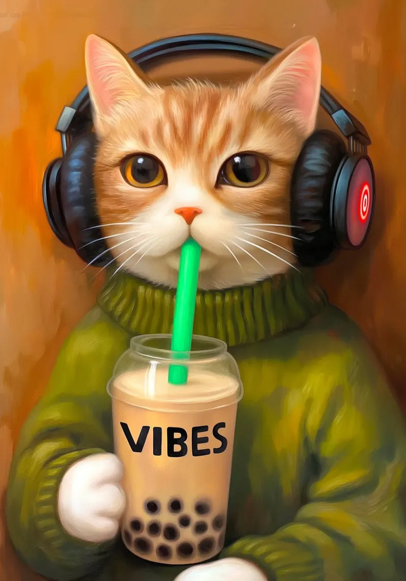 Il gatto musicale ama il tè alle bollicine poster da Voxel Visionaries