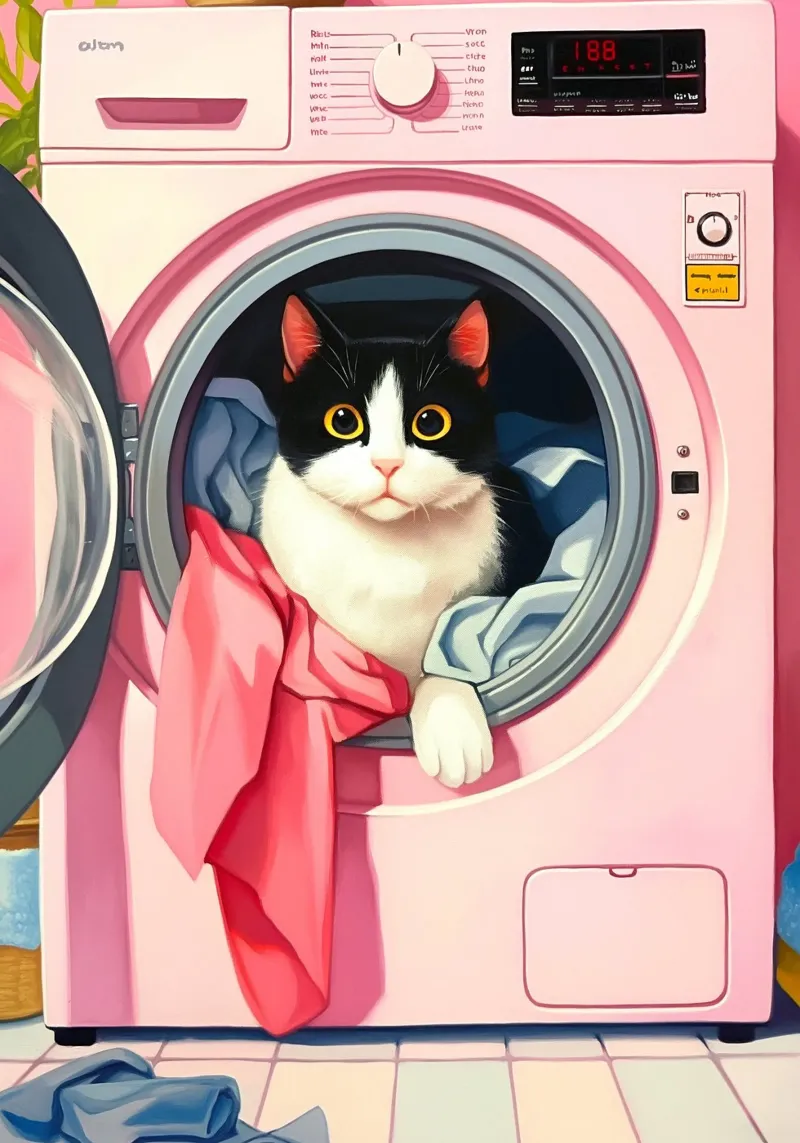 Gezellige kat in wasmachine canvas met Baklijst van Voxel Visionaries