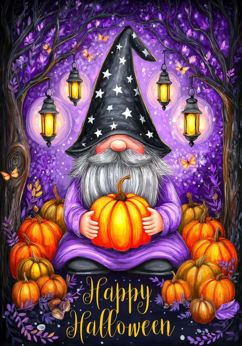 Mago e zucca di Halloween poster con telaio in legno da Voxel Visionaries