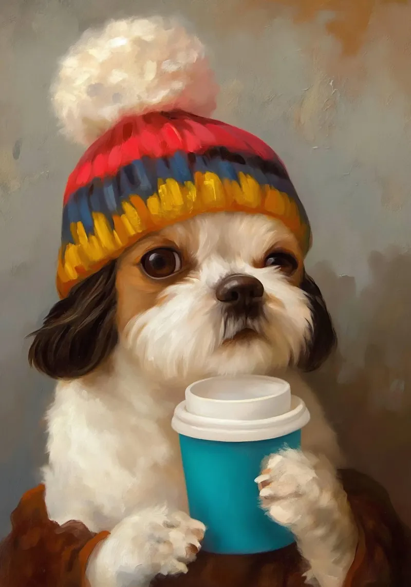 Cane e caffè accogliente poster con telaio in legno da Voxel Visionaries