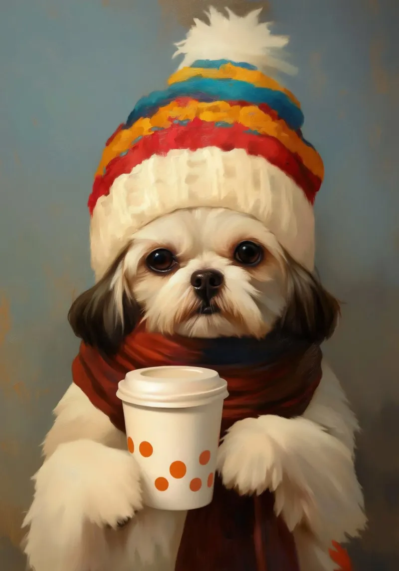 Cane e caffè accogliente poster con telaio in alluminio da Voxel Visionaries