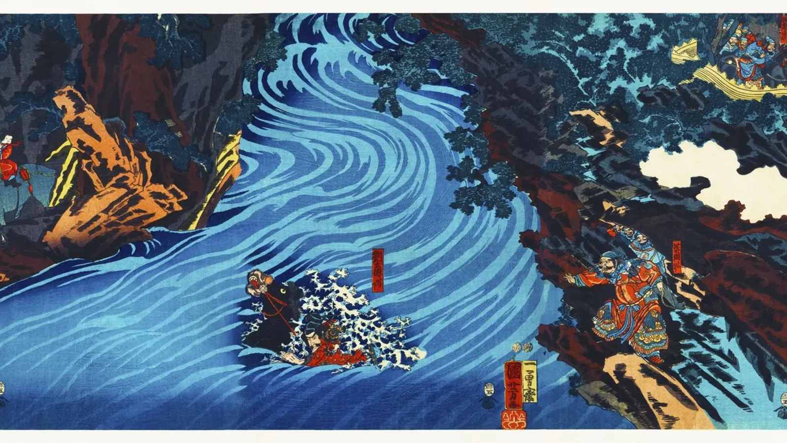 Gentoku Uma o Odorashite Tankei o Koeru zu di Utagawa Kuniyo poster con telaio in plastica da Venus Art