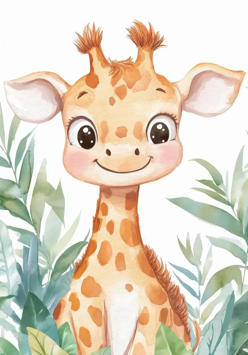 giraffa foglie fogliame sorridente cartone animato poster con telaio in legno da Thomas Weber