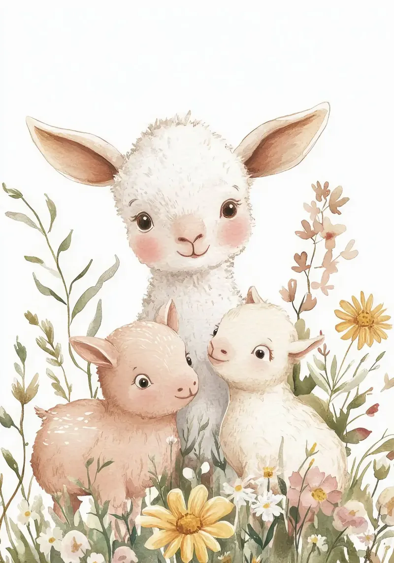 agnello bambino animali fiori margherite erba poster con telaio in legno da Thomas Weber