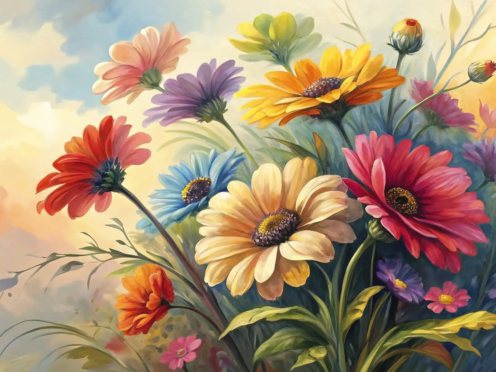 Kleurrijke Daisy bloementuin schilderij canvas met Baklijst van 🎨 Point and Art