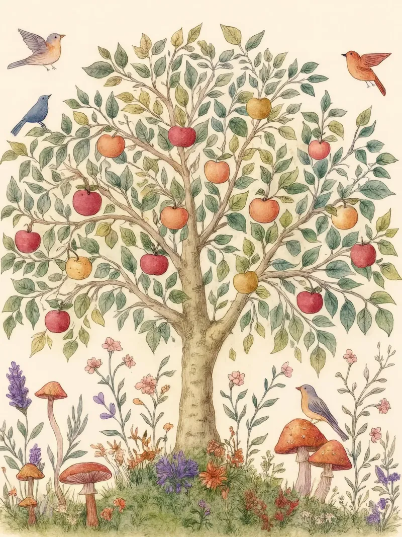 Albero di mele con uccelli e funghi Autunno botanico vintage poster con telaio in alluminio da Gentle Echoes Art