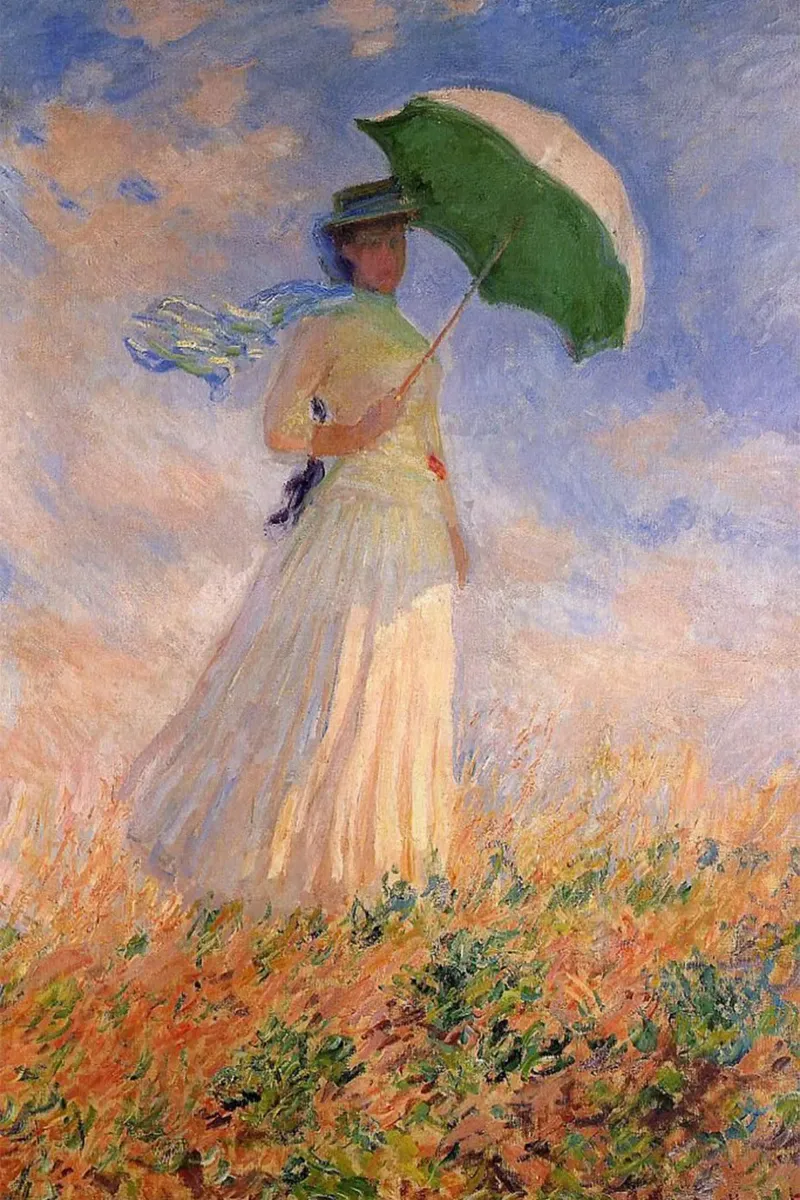 eine Frau, die in einem Blumenfeld spazieren geht und einen Regenschirm trägt Poster mit Aluminium Rahmen von SMG Store