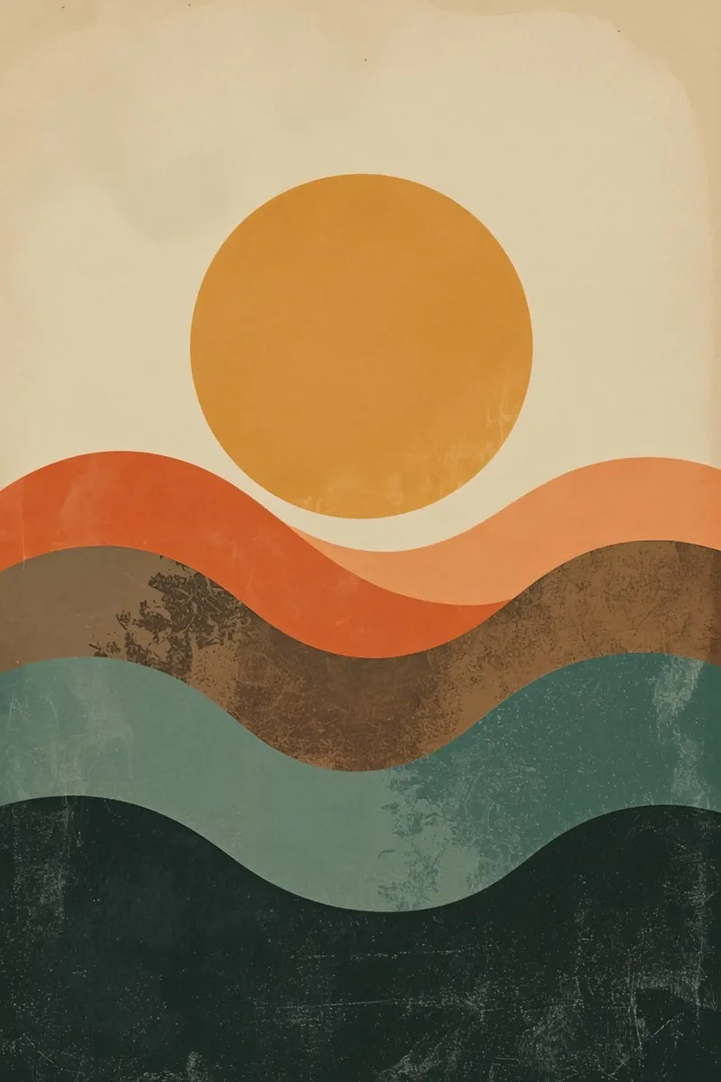 Abstract golvend landschap met zonillustratie canvas met Baklijst van DesignDoodle