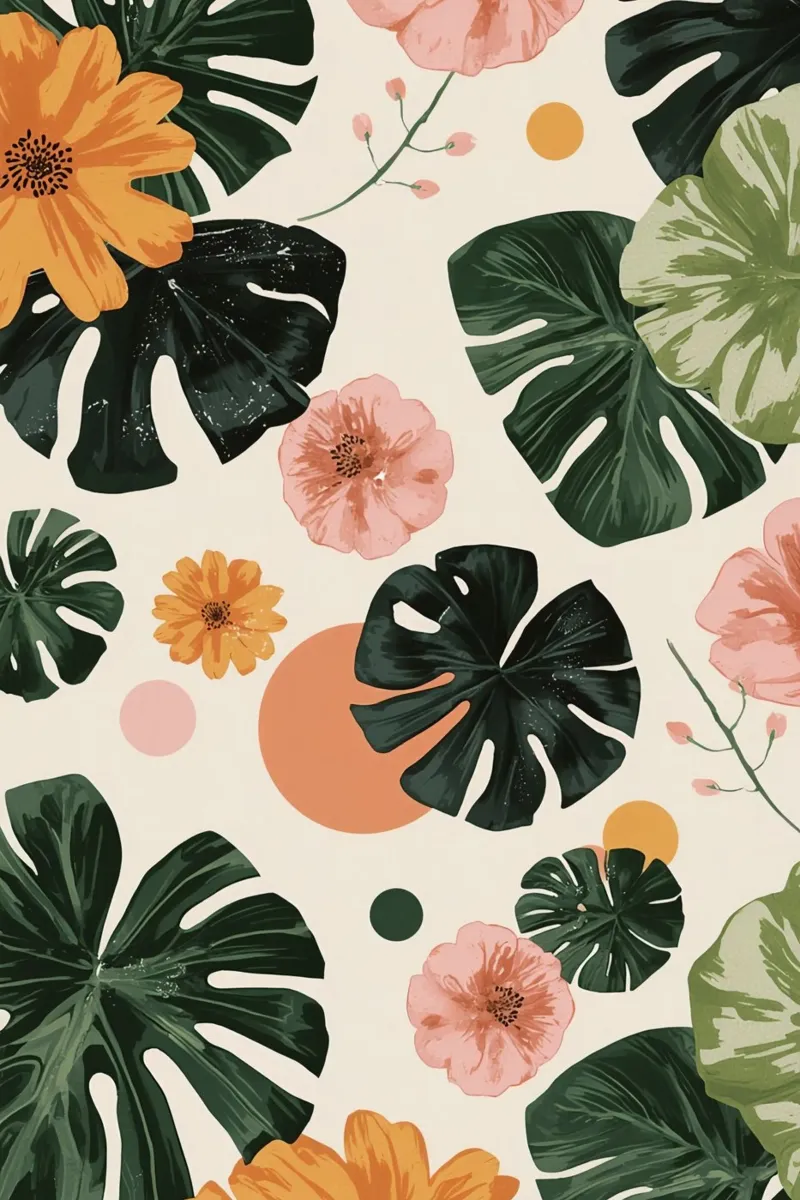 Monstera Leaves Flowers and Circles Pattern wallpaper canvas with Floater frame by DesignDoodle