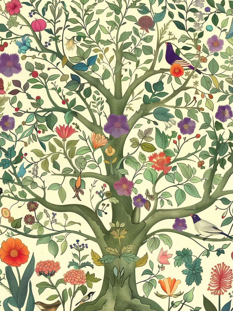 Arbre de vie botanique vintage avec oiseaux et fleurs de printemps poster de Gentle Echoes Art