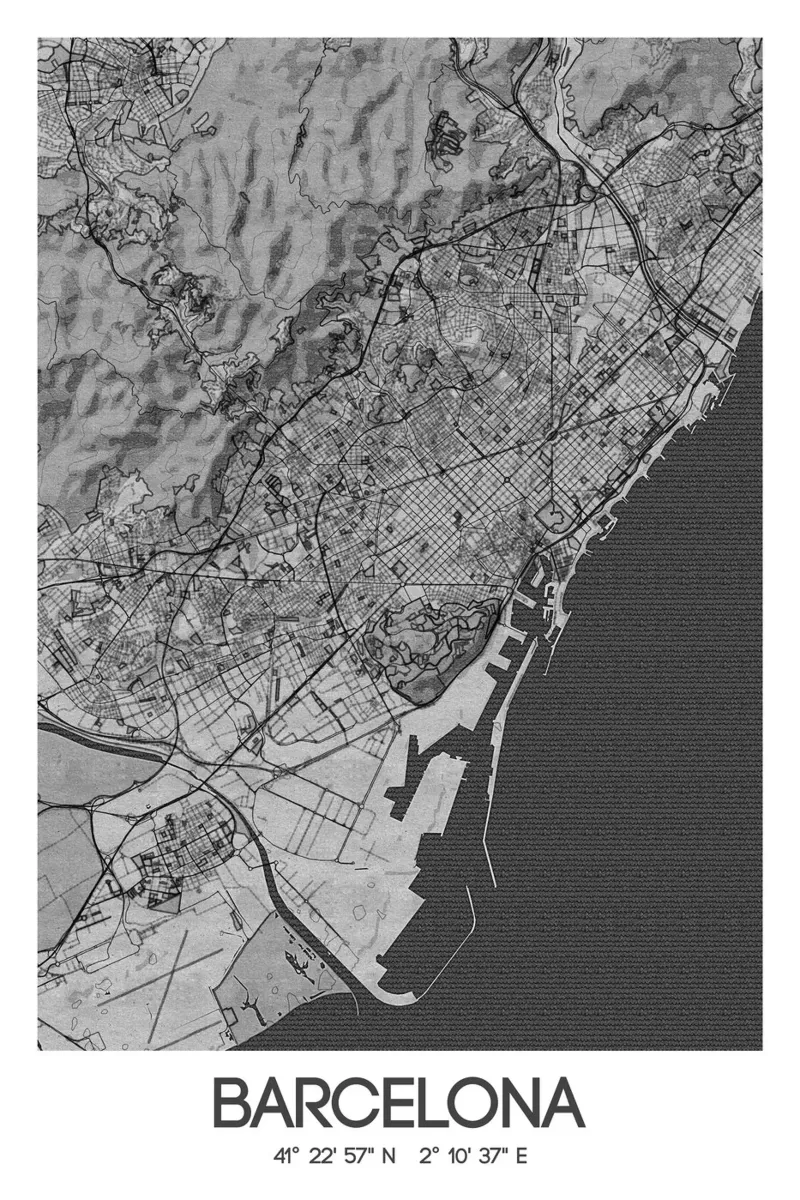 Kunstposter Barcelona - Stadsplattegrond in modern ontwerp canvas met Baklijst van CityMapPoster