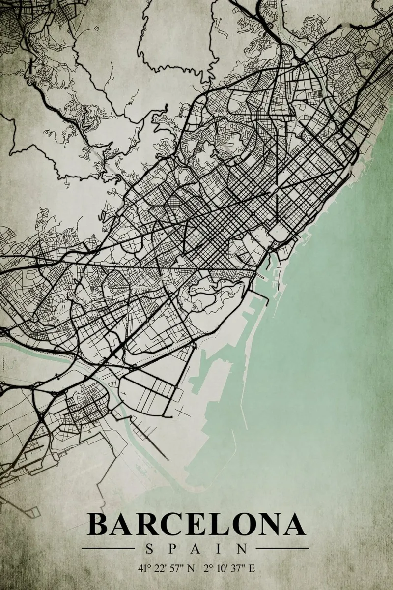 Arte moderna a Barcellona - Mappa geometrica della città poster con telaio in legno da CityMapPoster