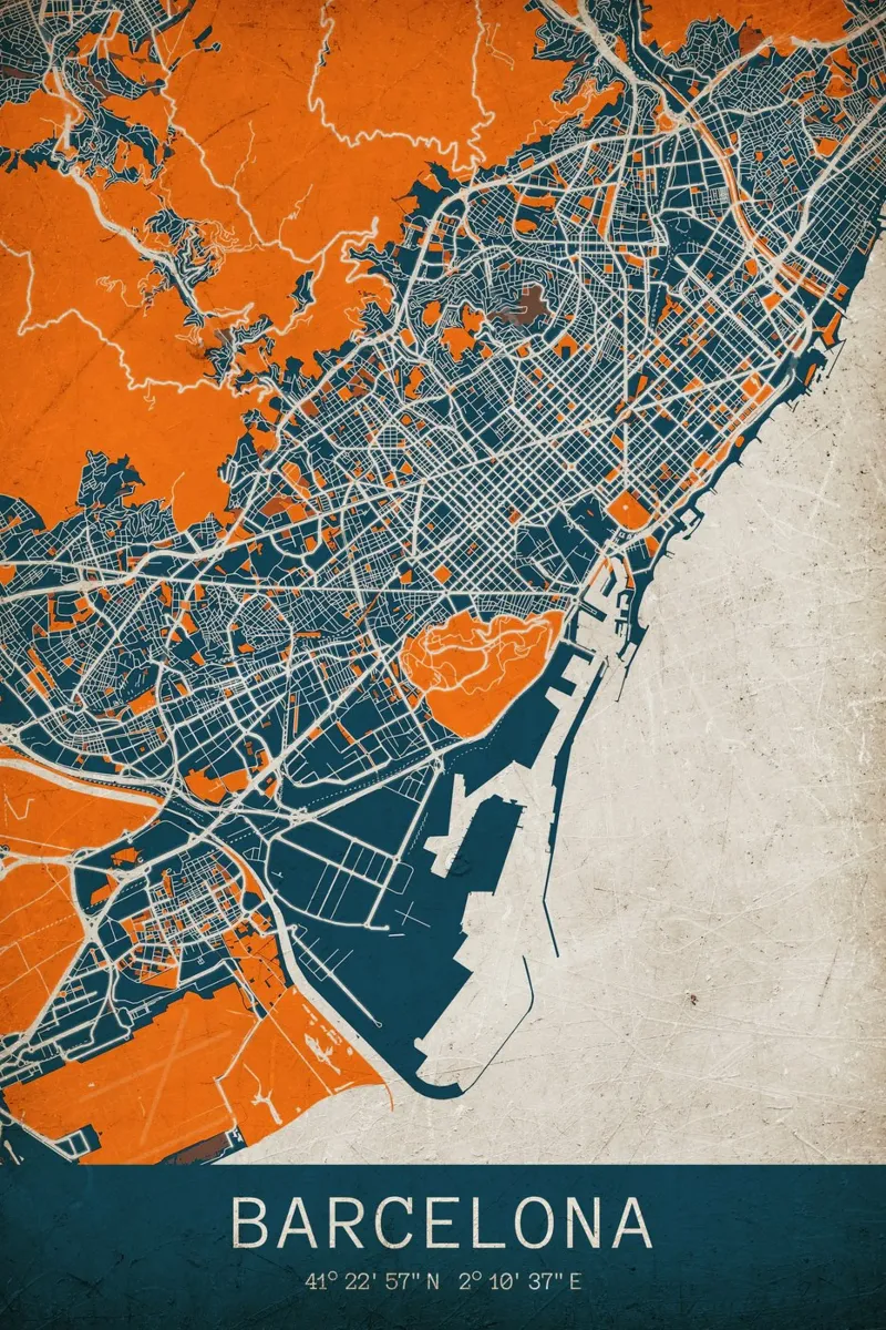 Paesaggio urbano di Barcellona - poster dal design moderno poster con telaio in legno da CityMapPoster